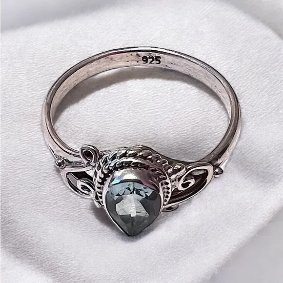 Artisan Sterling Silver Natural Blue Topaz Teardrop Ring Size 8.75 - Picture 4 of 6